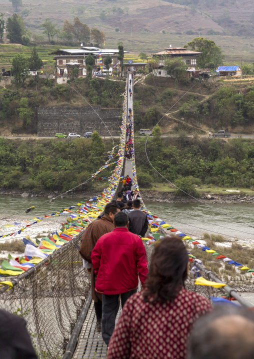 Punakha Suspension Bridge with prayer flags, Punakha dzongkhag, Punakha, Bhutan