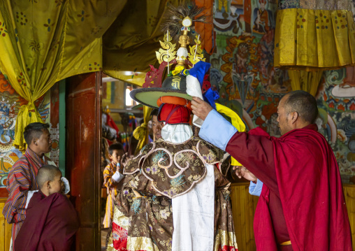 Preparation of the dance of the hats in Ura Yakchoe festival, Bumthang, Ura, Bhutan