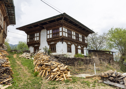 Bhutanese traditional house at rural area, Bumthang, Ogyen Choling, Bhutan