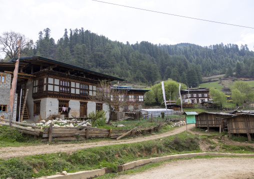 Bhutanese traditional house at rural area, Bumthang, Ogyen Choling, Bhutan