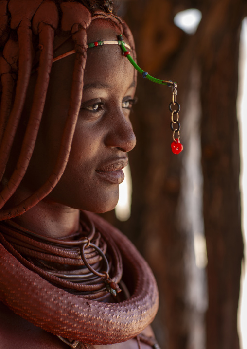 Portrait of a Himba tribe woman covered with otjize, Cunene province, Oncocua, Angola