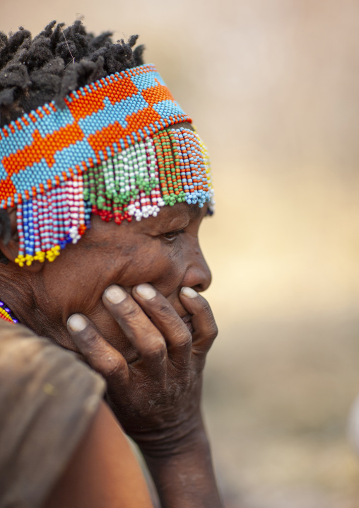 San woman smiling, Otjozondjupa, Tsumkwe, Namibia