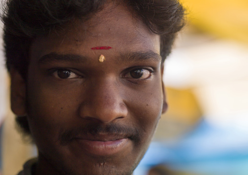 Young man with traditional dot on his forehead, Puducherry district, Pondicherry, India