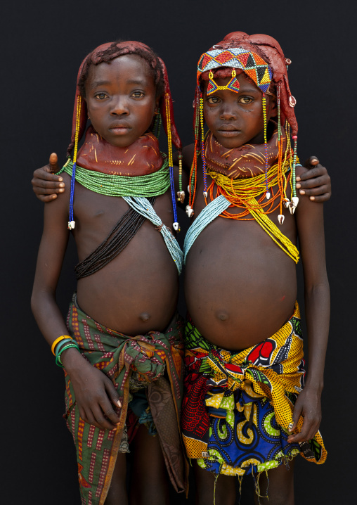 Mwila young girls with the vikeka mud necklace, Huila Province, Chibia, Angola