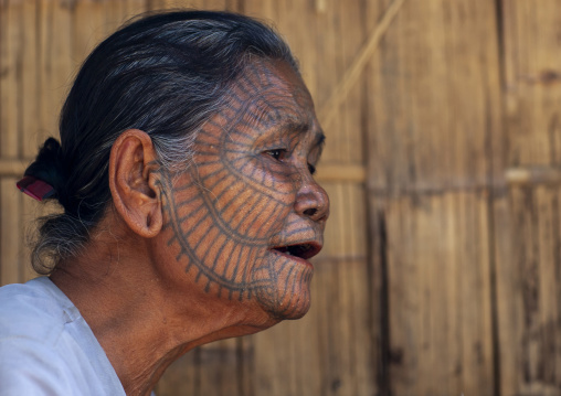Tribal chin woman with spiderweb tattoo on the face, Rakhine state, Mrauk U, Myanmar