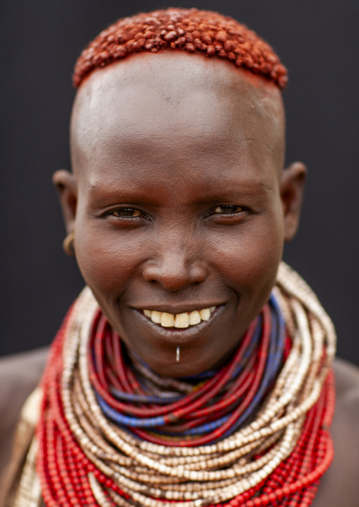 Portrait of a Karo tribe woman wearing beaded necklaces, Omo valley, Korcho, Ethiopia