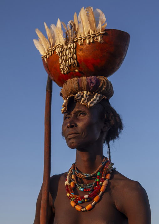Dassanech tribe woman with a calabash on her head, Omorate, Omo valley, Ethiopia