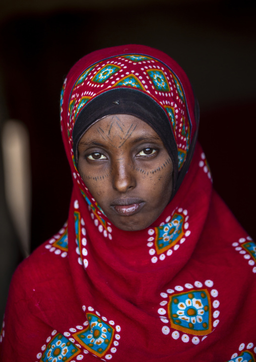 Afar tribe woman with scarifications on her face, Assaita, Afar regional state, Ethiopia