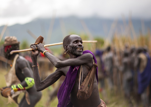 Warriors during Donga stick fighting in Surma tribe, Omo valley, Kibish, Ethiopia