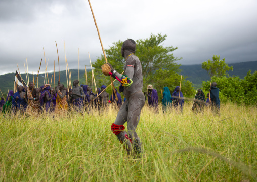 Warriors during Donga stick fighting in Surma tribe, Omo valley, Kibish, Ethiopia