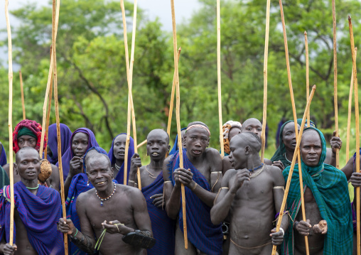 Warriors during Donga stick fighting in Surma tribe, Omo valley, Kibish, Ethiopia