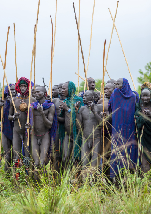 Warriors during Donga stick fighting in Surma tribe, Omo valley, Kibish, Ethiopia