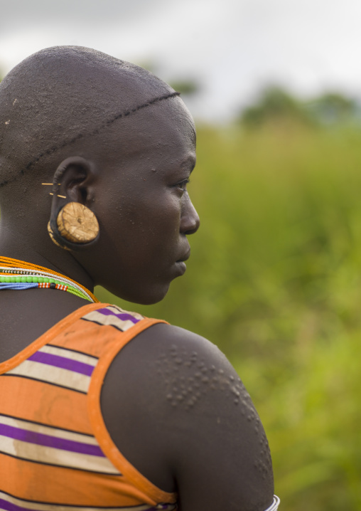 Surma woman with scarifications and enlarged ears, Omo valley, Kibish, Ethiopia