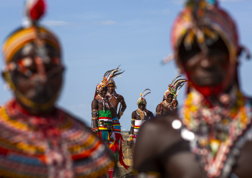 Portrait of rendille warriors wearing traditional headwears, Turkana lake, Loiyangalani, Kenya