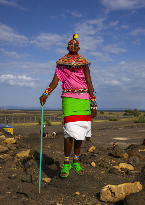 Rendille tribeswoman wearing headdress and jewellery, Turkana lake, Loiyangalani, Kenya