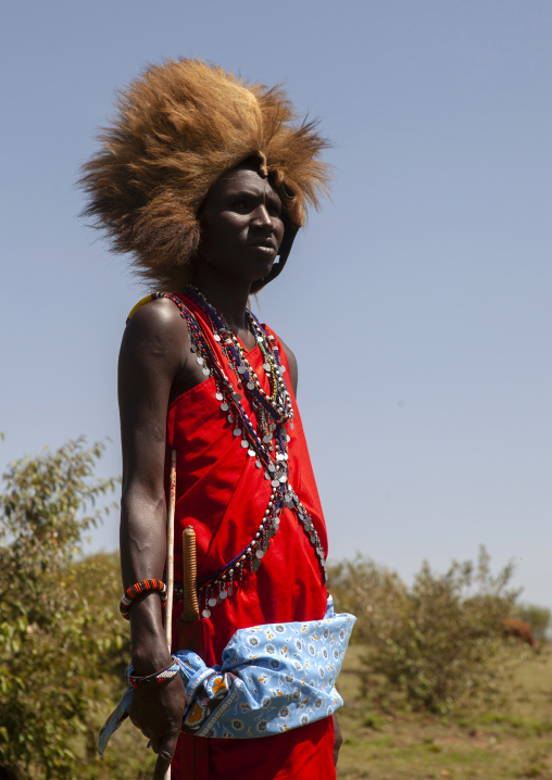 Maasai warrior with a lion hat fur on the head, Nakuru county, Nakuru, Kenya
