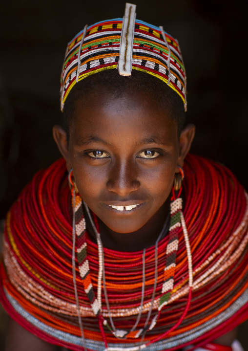 Rendille tribeswoman wearing headdress and jewellery, Marsabit district, Ngurunit, Kenya