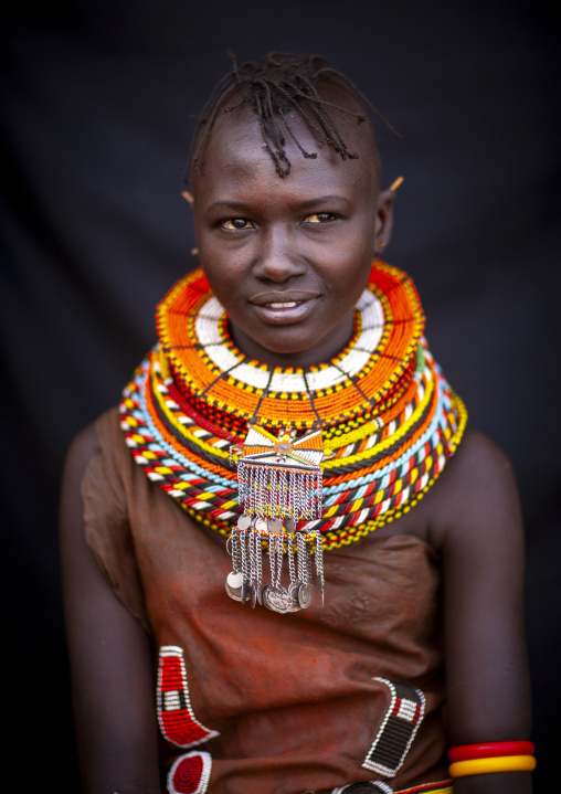 Turkana tribe woman with huge necklaces and earrings, Turkana lake, Loiyangalani, Kenya
