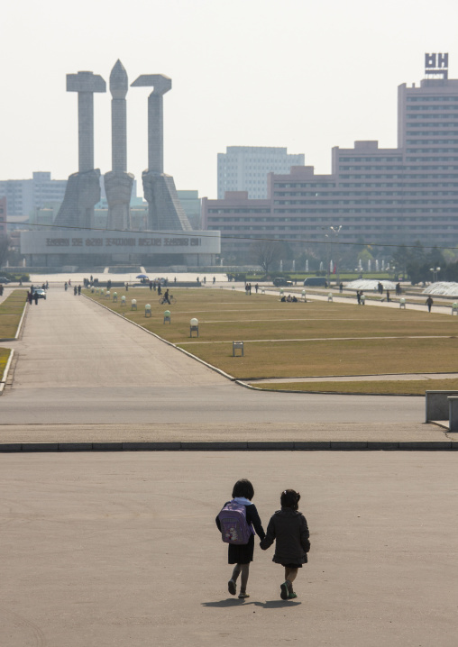 Children in front of the monument to party founding, Directly governed city, Pyongyang, North Korea
