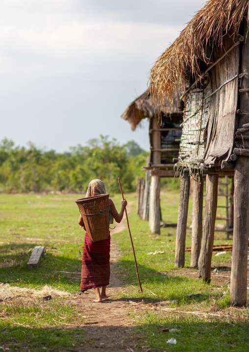 Bru minority woman carrying a basket on her back, Champassak province, Phonsaad, Laos