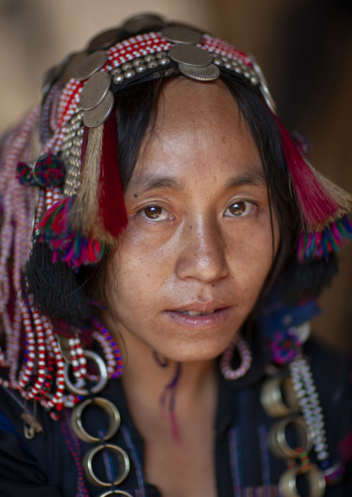 Akha minority woman with traditional headdress, Luang Namtha, Ban Ta Mi, Laos