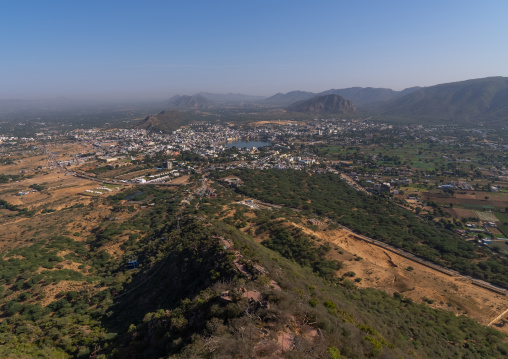 Elevated view of lake and town, Rajasthan, Pushkar, India