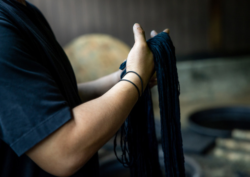 Kurume Kasuri indigo dyeing process in Aika Tanaka Kasuri Kobo workshop, Kyushu region, Chikugo, Japan