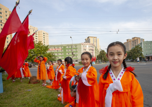Pungmul children artists during the 60th anniversary of the regim, DGC, Pyongyang, North Korea