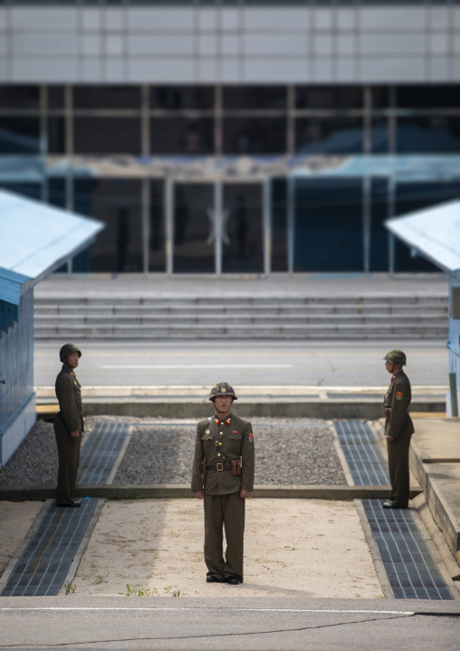 North Korean soldiers with helmets standing in the DMZ, North Hwanghae, Panmunjom, North Korea