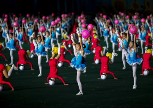 Children gymasts performing with balloons during the Arirang mass games, DGC, Pyongyang, North Korea