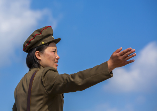 North Korean female soldier giving instructions, DGC, Pyongyang, North Korea