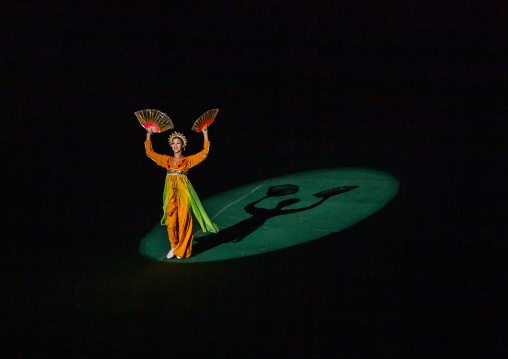 North Korean woman dancing during the Arirang mass games, DGC, Pyongyang, North Korea