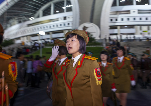 North Korean women dressed as soldiers during the Arirang mass games, DGC, Pyongyang, North Korea