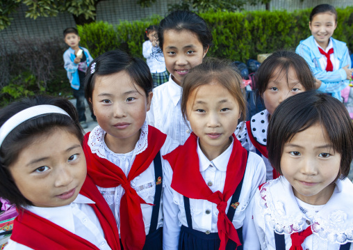 Pioneers arriving in the Songdowon international children's camp, Kangwon Province, Wonsan, North Korea
