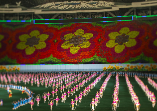 Children pixels holding up colored boards during Arirang mass games, DGC, Pyongyang, North Korea