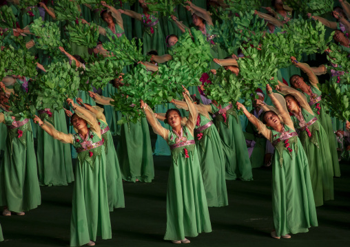 Women dancing in choson-ot during the Arirang mass games, DGC, Pyongyang, North Korea