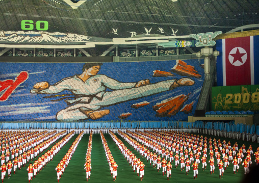 Children holding up boards during Arirang to create taekwando fighter, DGC, Pyongyang, North Korea