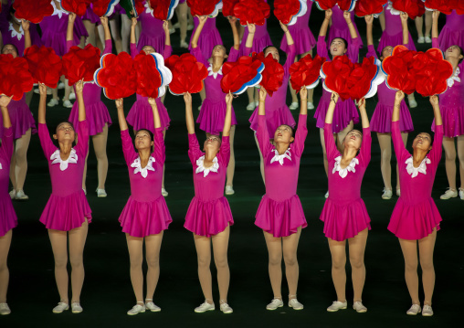 North Korean gymnasts performing during the Arirang mass games, DGC, Pyongyang, North Korea