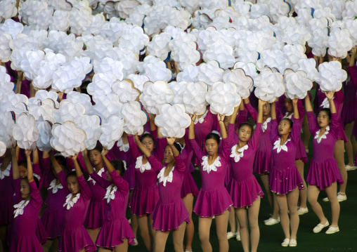 North Korean gymnasts performing during the Arirang mass games, DGC, Pyongyang, North Korea
