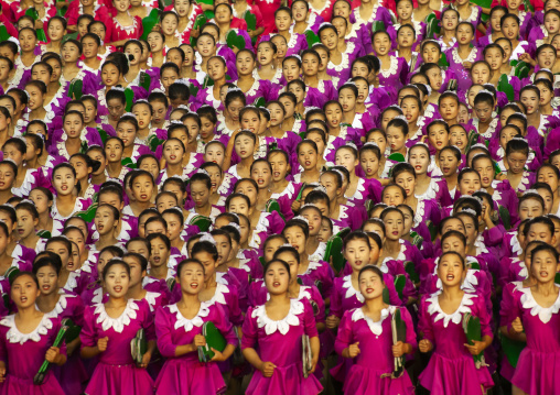 North Korean gymnasts performing during the Arirang mass games, DGC, Pyongyang, North Korea