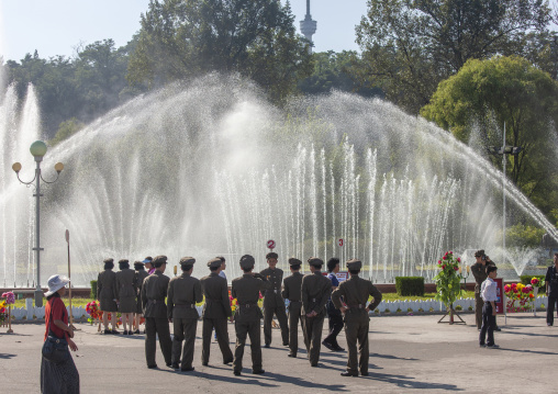 North Korean soldiers in front of a fountain, DGC, Pyongyang, North Korea