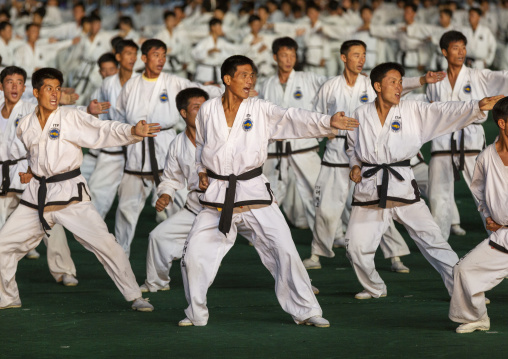 Taekwondo team during the Arirang mass games, DGC, Pyongyang, North Korea