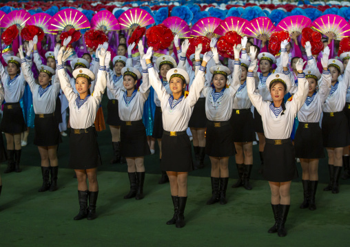 North Korean women dressed as sailors during the Arirang mass games, DGC, Pyongyang, North Korea
