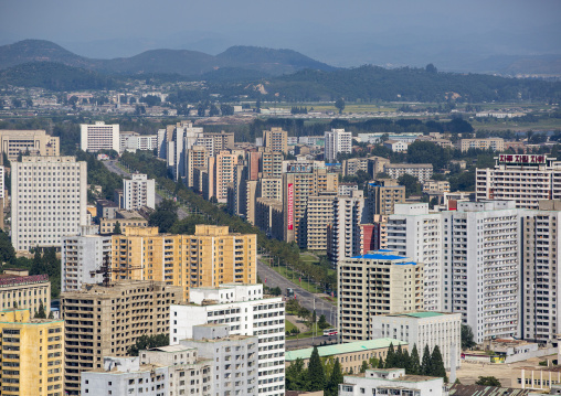 High angle view of buildings in the city center, DGC, Pyongyang, North Korea