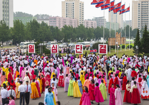 Students dancing on day of the foundation of the republic, DGC, Pyongyang, North Korea