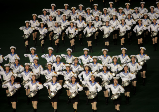 North Korean women dressed as sailors during Arirang, DGC, Pyongyang, North Korea