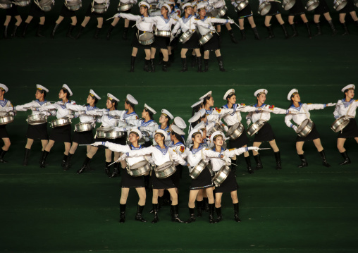 North Korean women dressed as sailors during Arirang, DGC, Pyongyang, North Korea