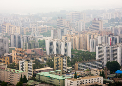 High angle view of buildings in the city center, DGC, Pyongyang, North Korea