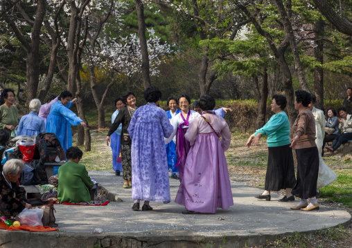 Women dancing in a park under cherry blossoms for the day of the sun, DGC, Pyongyang, North Korea