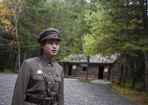 Portrait of a cute North Korean guide in military style uniform, Ryanggang, Chongbong, North Korea